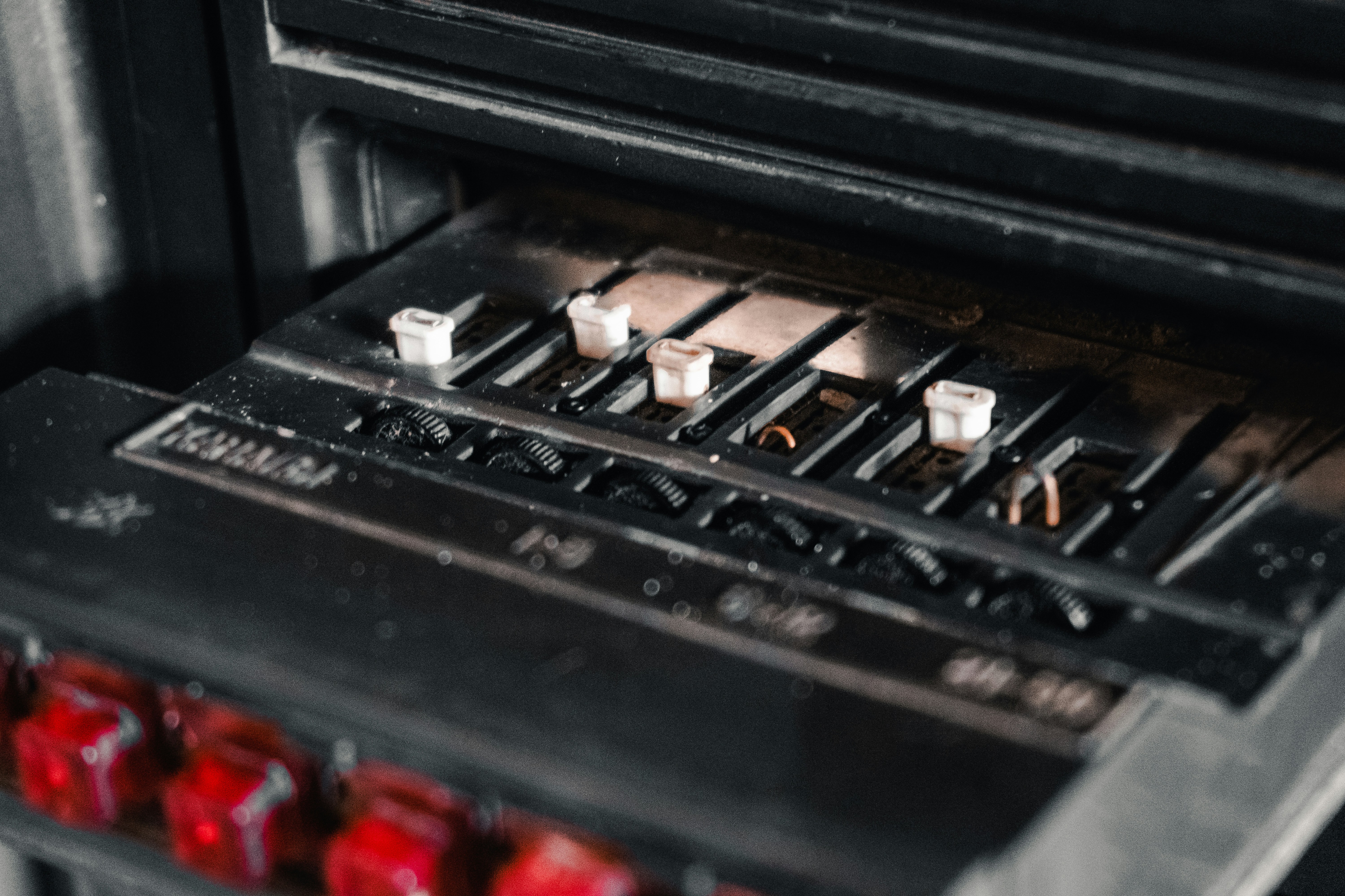 Close-up of vintage audio equipment sliders