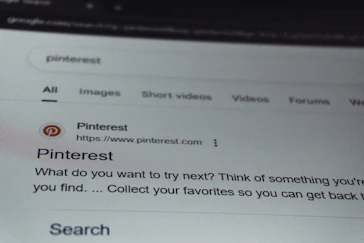 Search results page for pinterest on a screen.