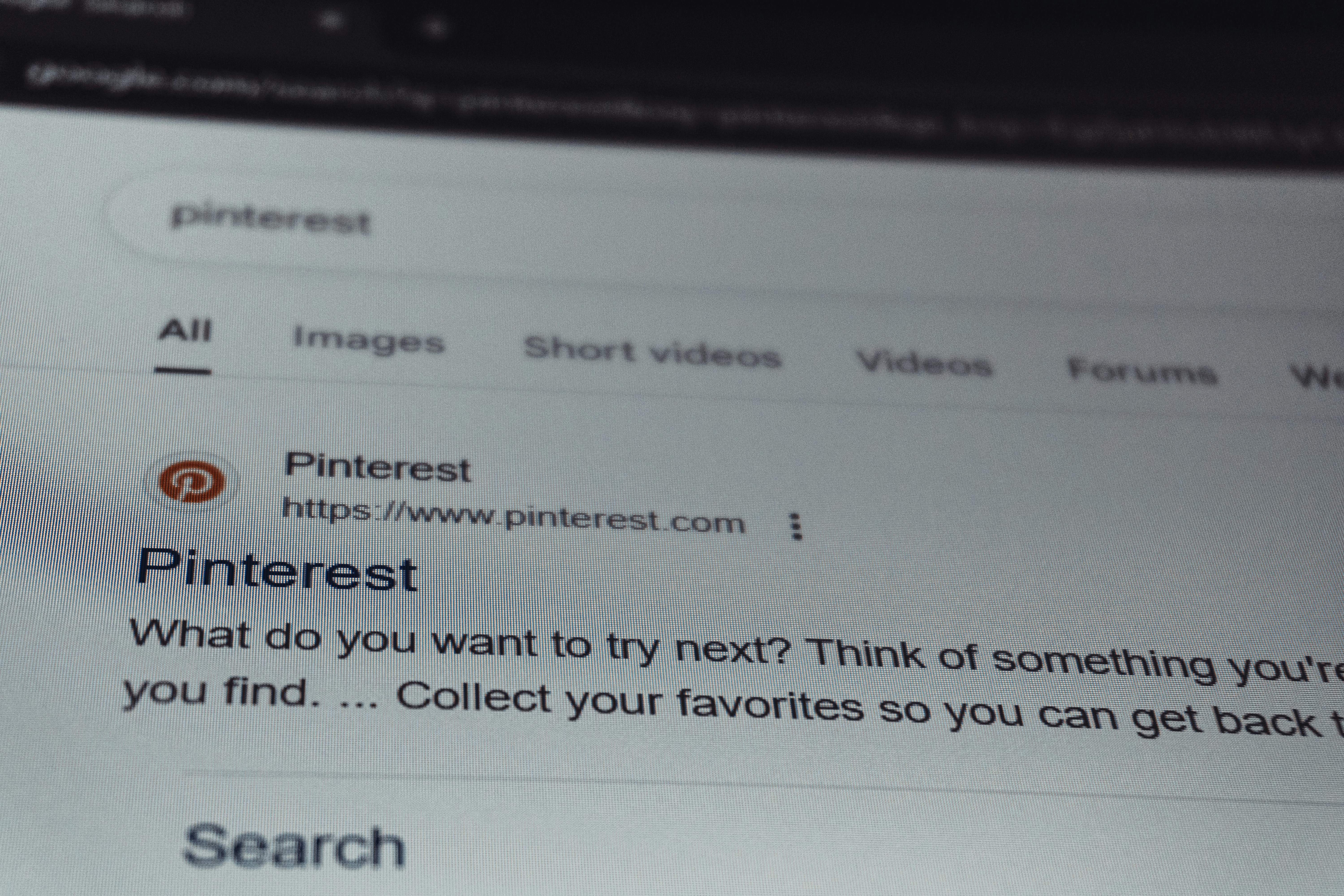 Search results page for pinterest on a screen.