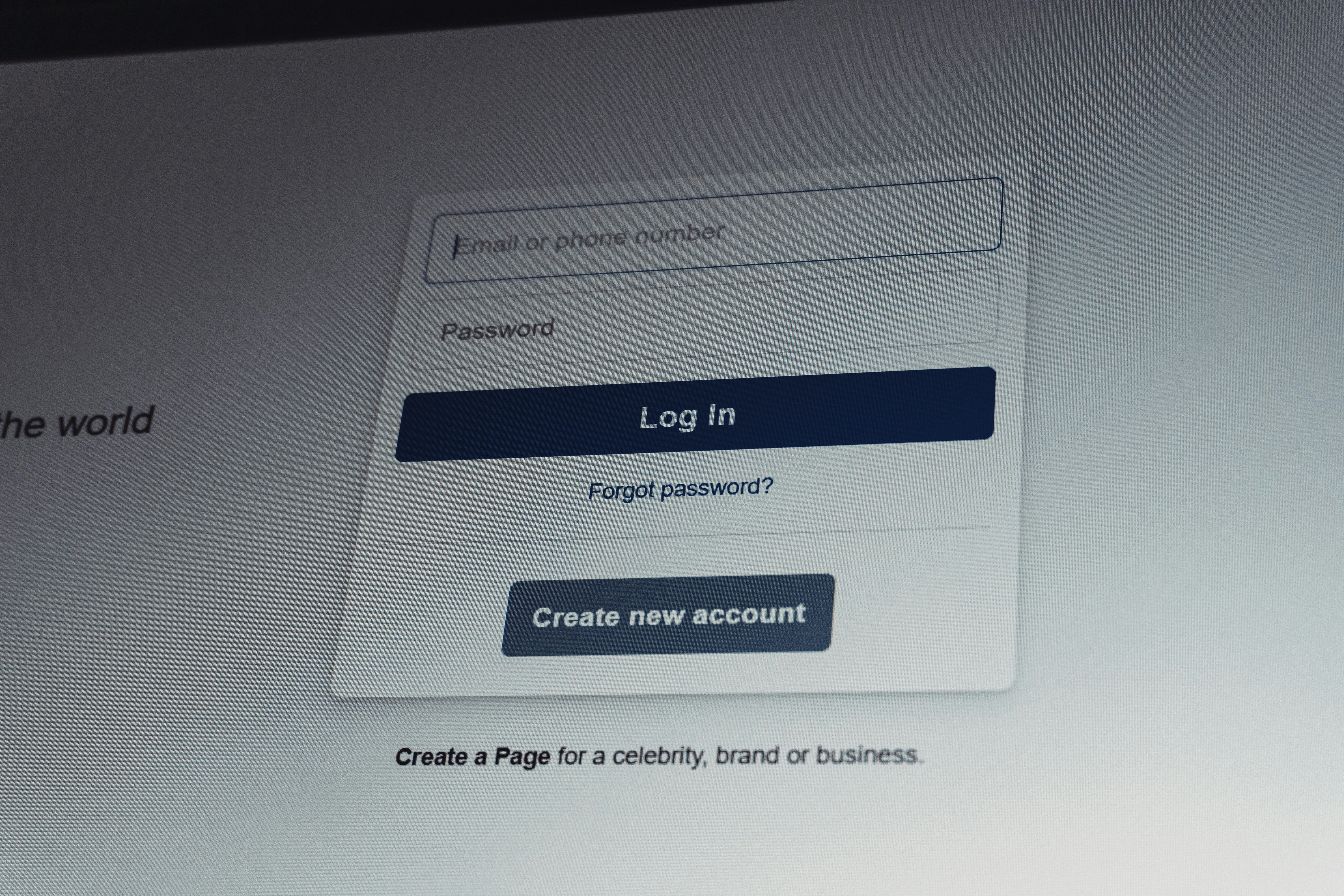 Facebook login screen with email and password fields