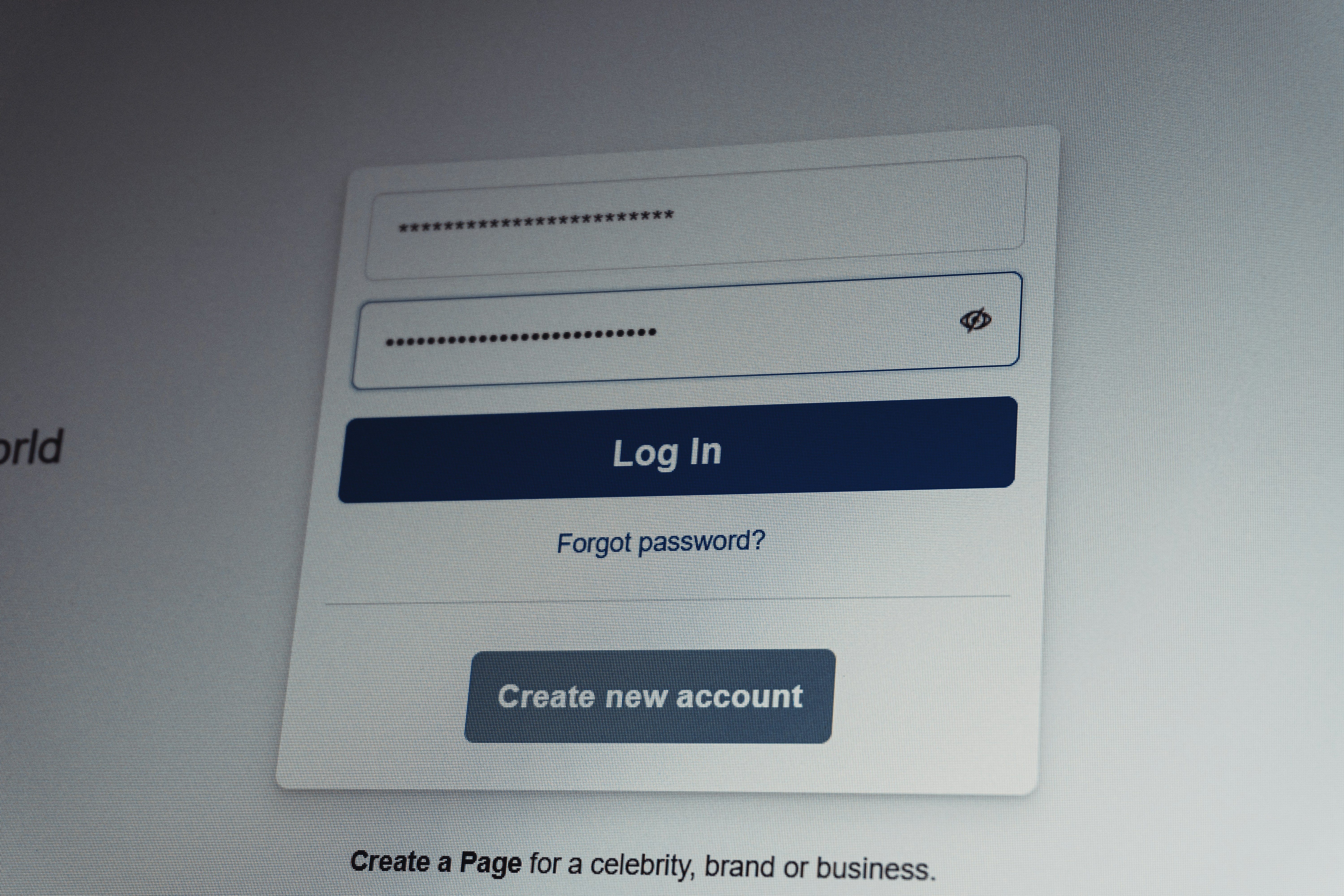 Facebook login screen with username and password fields