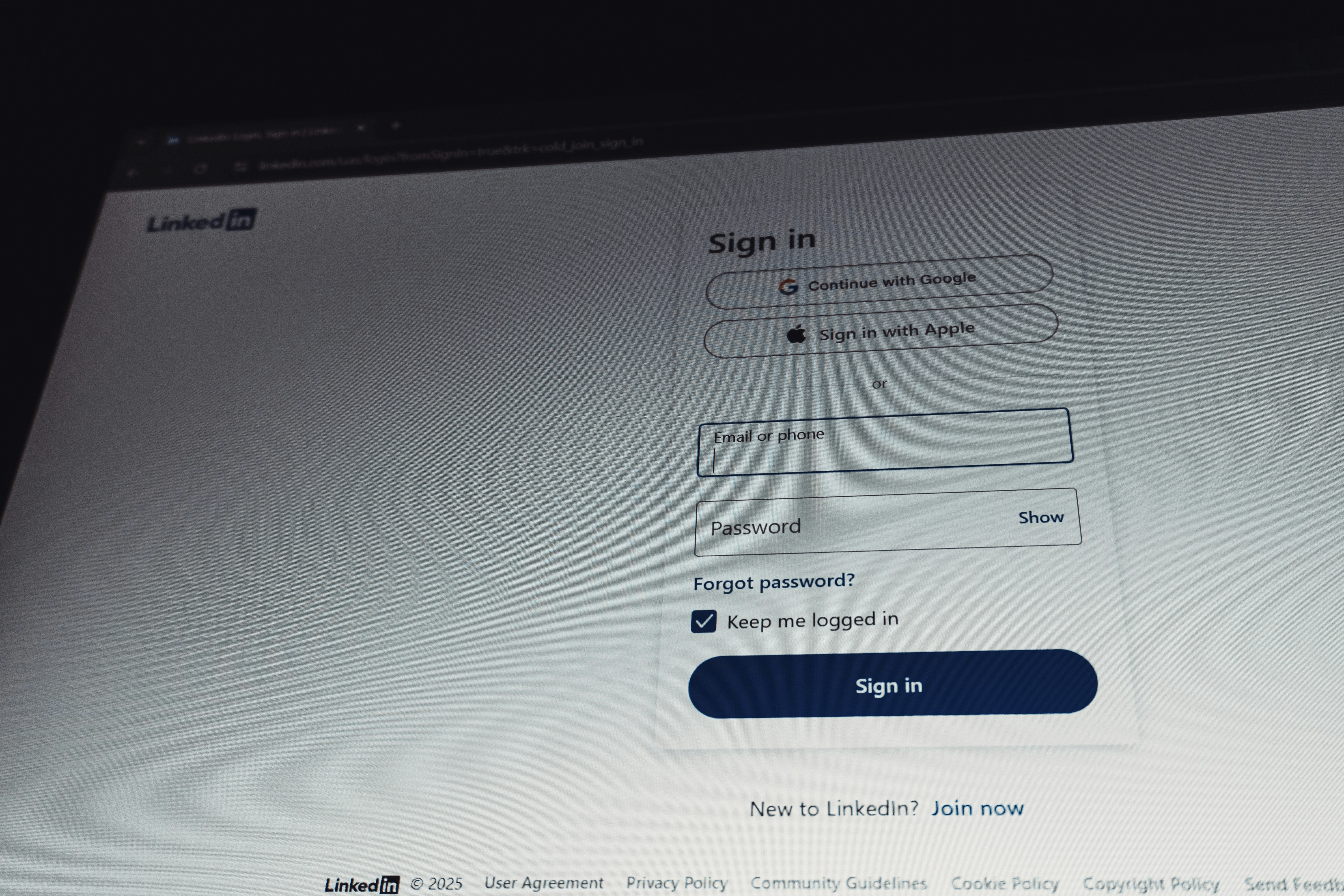 Linkedin sign in page with email and password fields