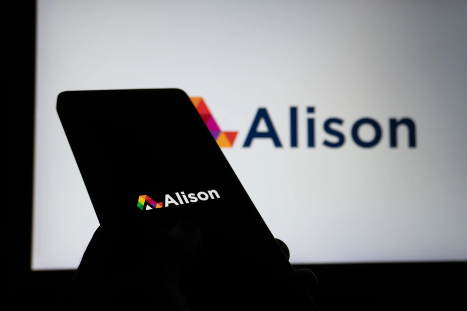 Alison logo on a smartphone screen and background.