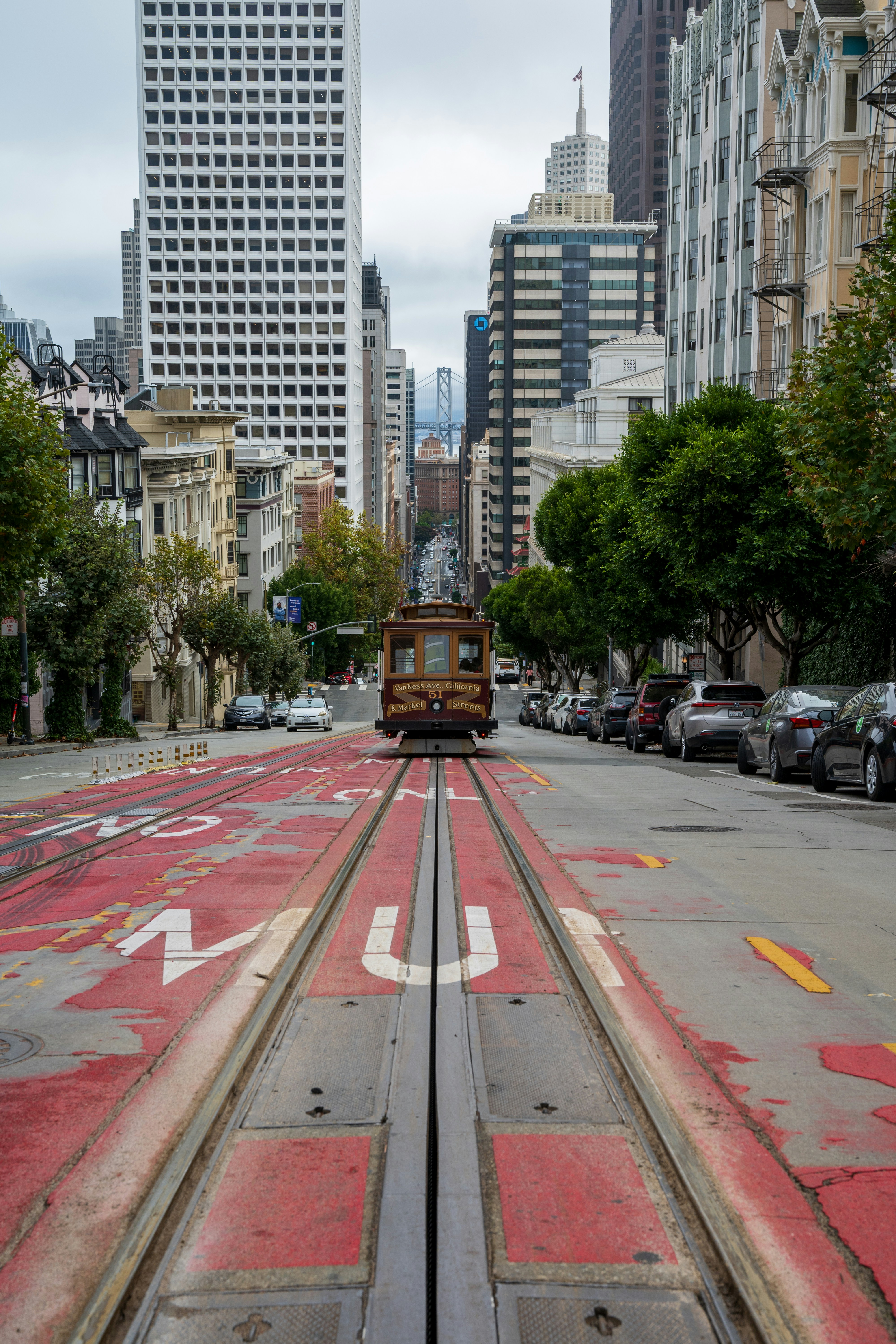 Cable car on a steep san francisco street