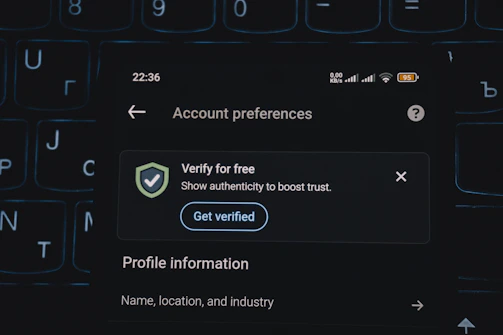 Account preferences screen with verification prompt