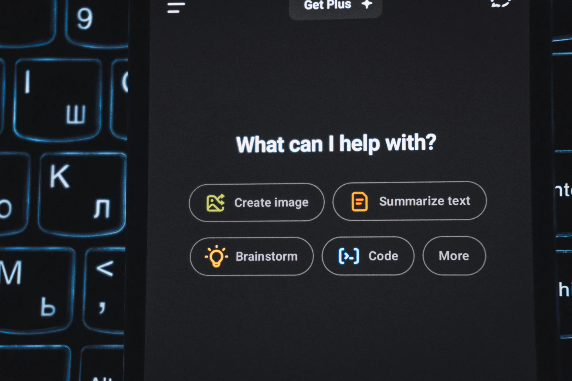 An AI interface glowing above a keyboard