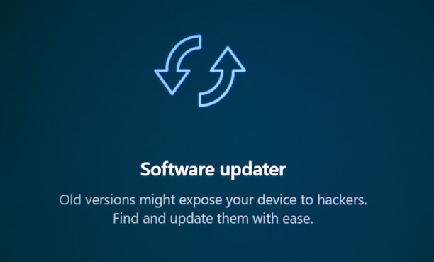Software updater with refresh arrows icon and update icons.