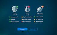 Security, privacy, and performance status with fix options.