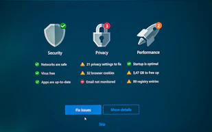 Security, privacy, and performance status with fix options.