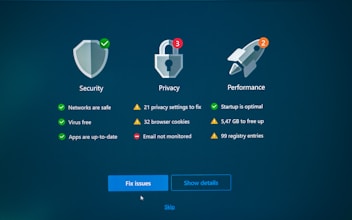 Security, privacy, and performance status with fix options.