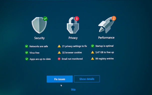 Security, privacy, and performance status with fix options.