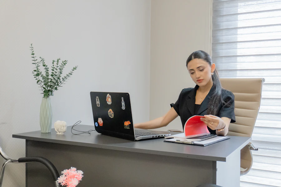 Working through business paperwork at a desk