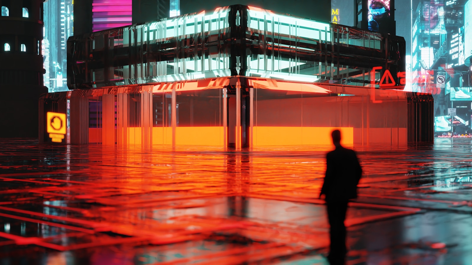 A lone figure walks through a neon-lit, rainy city street