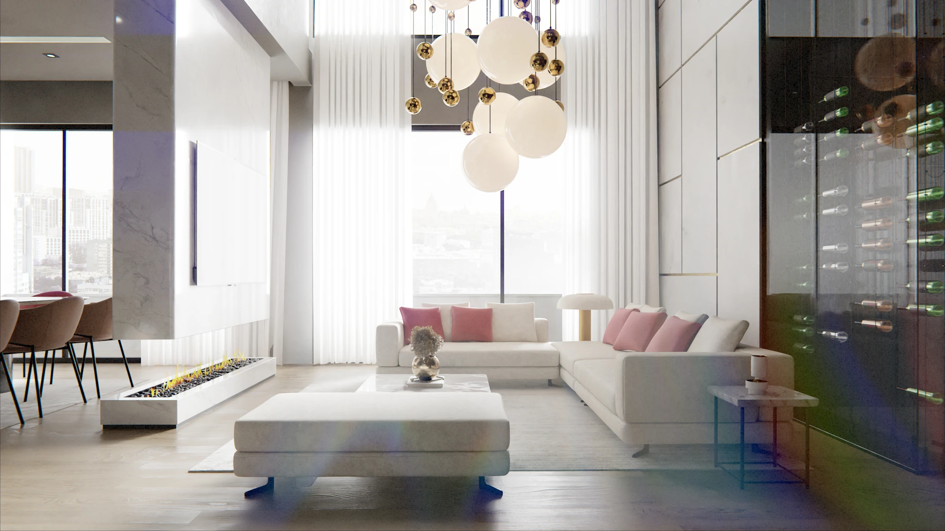 Modern living room with white sectional sofa and pink pillows.