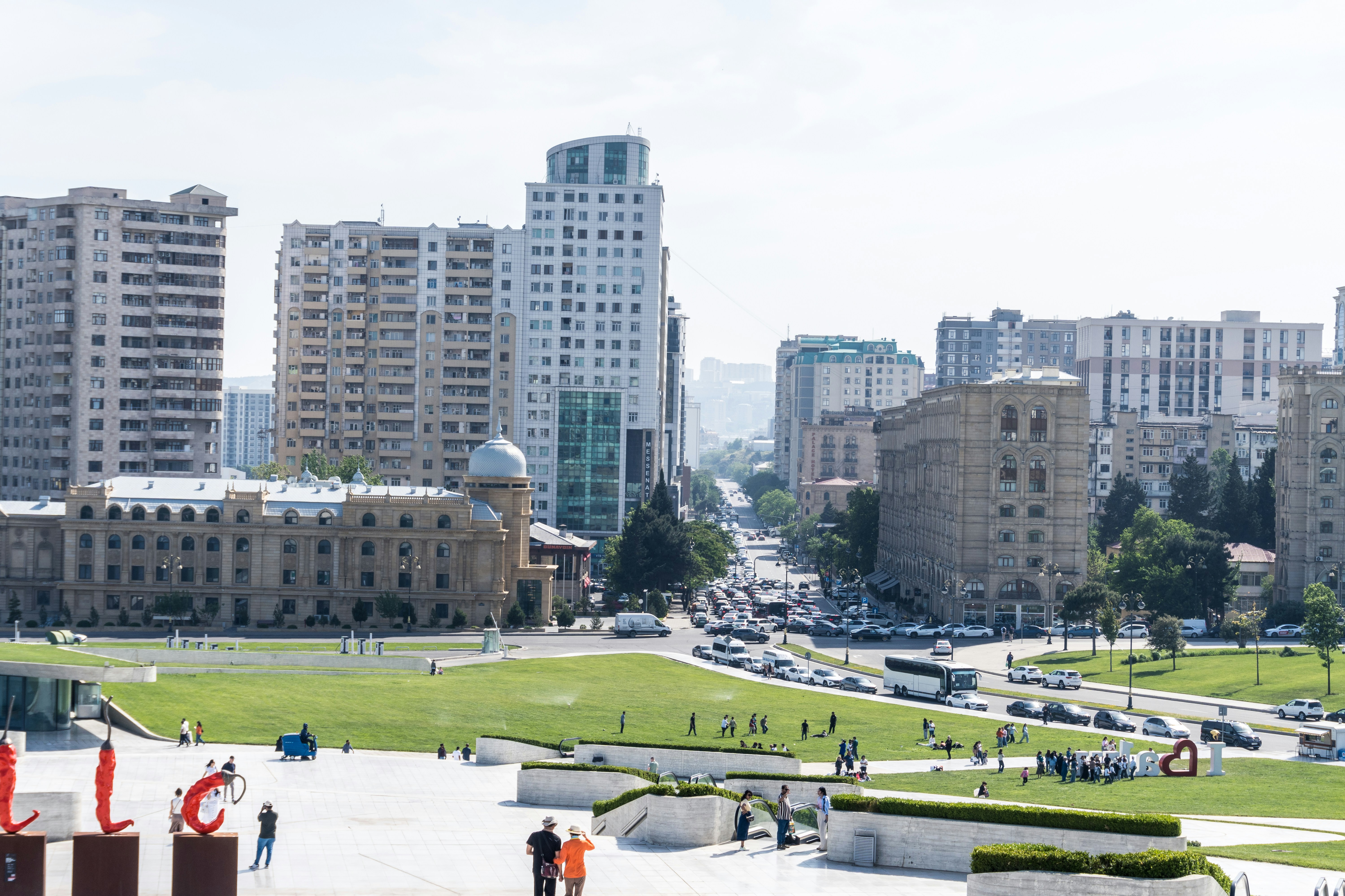 Modern city skyline with buildings and traffic