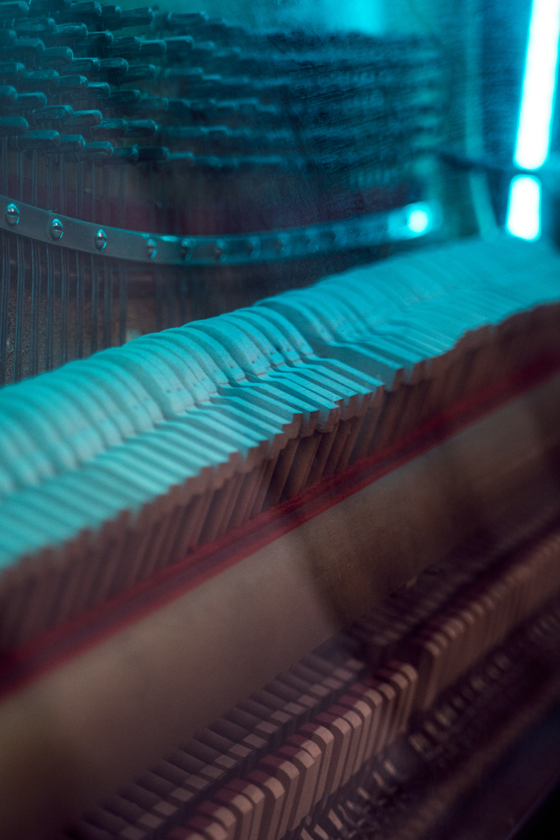 Close-up of piano hammers and strings with blue lighting.