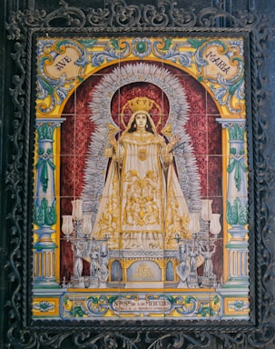 Ornate tile artwork depicting a religious figure in ornate dress.
