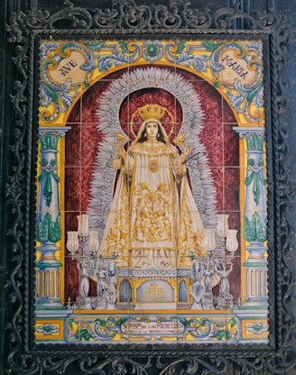 Ornate tile artwork depicting a religious figure in ornate dress.