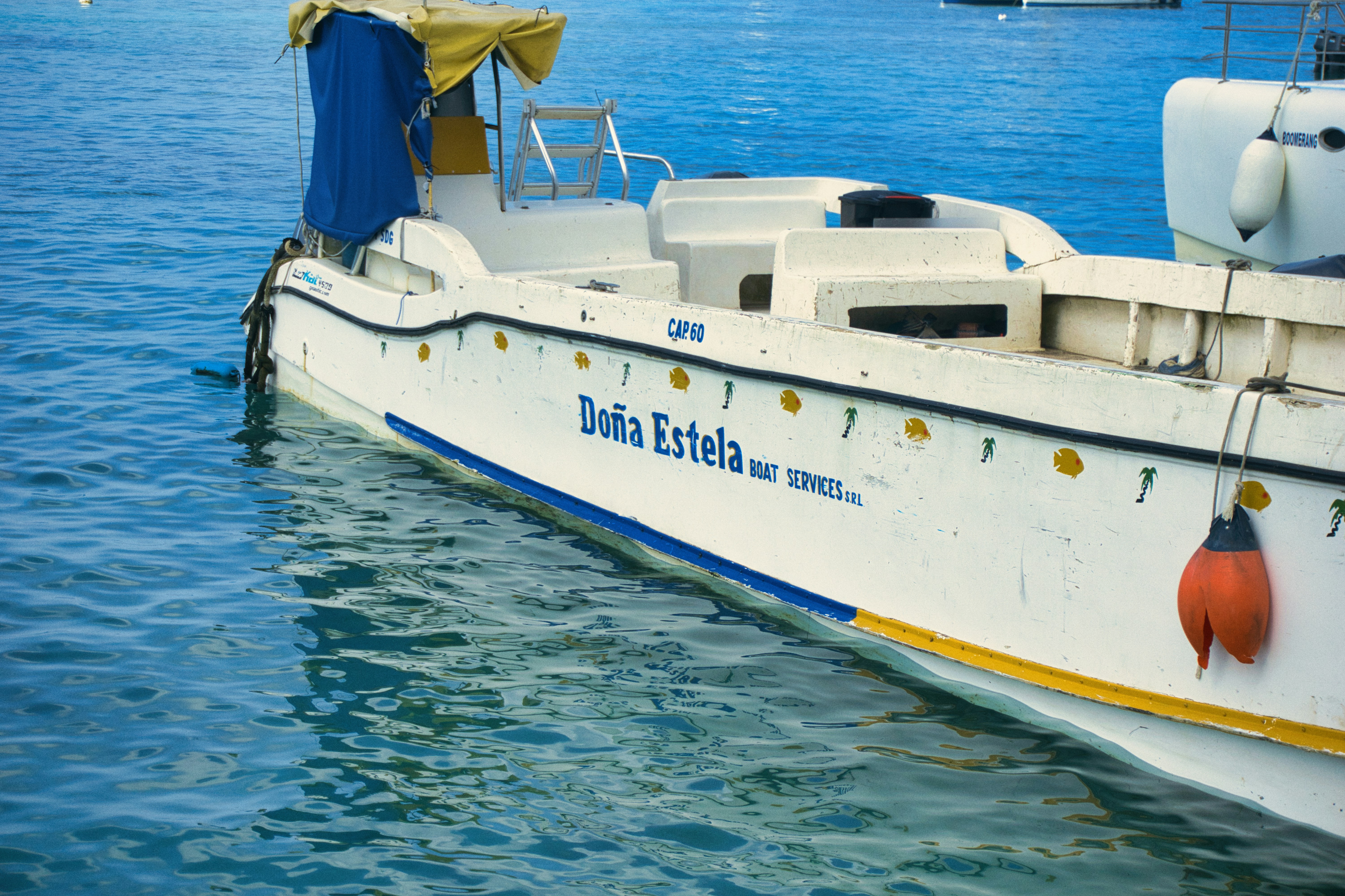 Un barco blanco llamado doña estela flota en aguas azules.