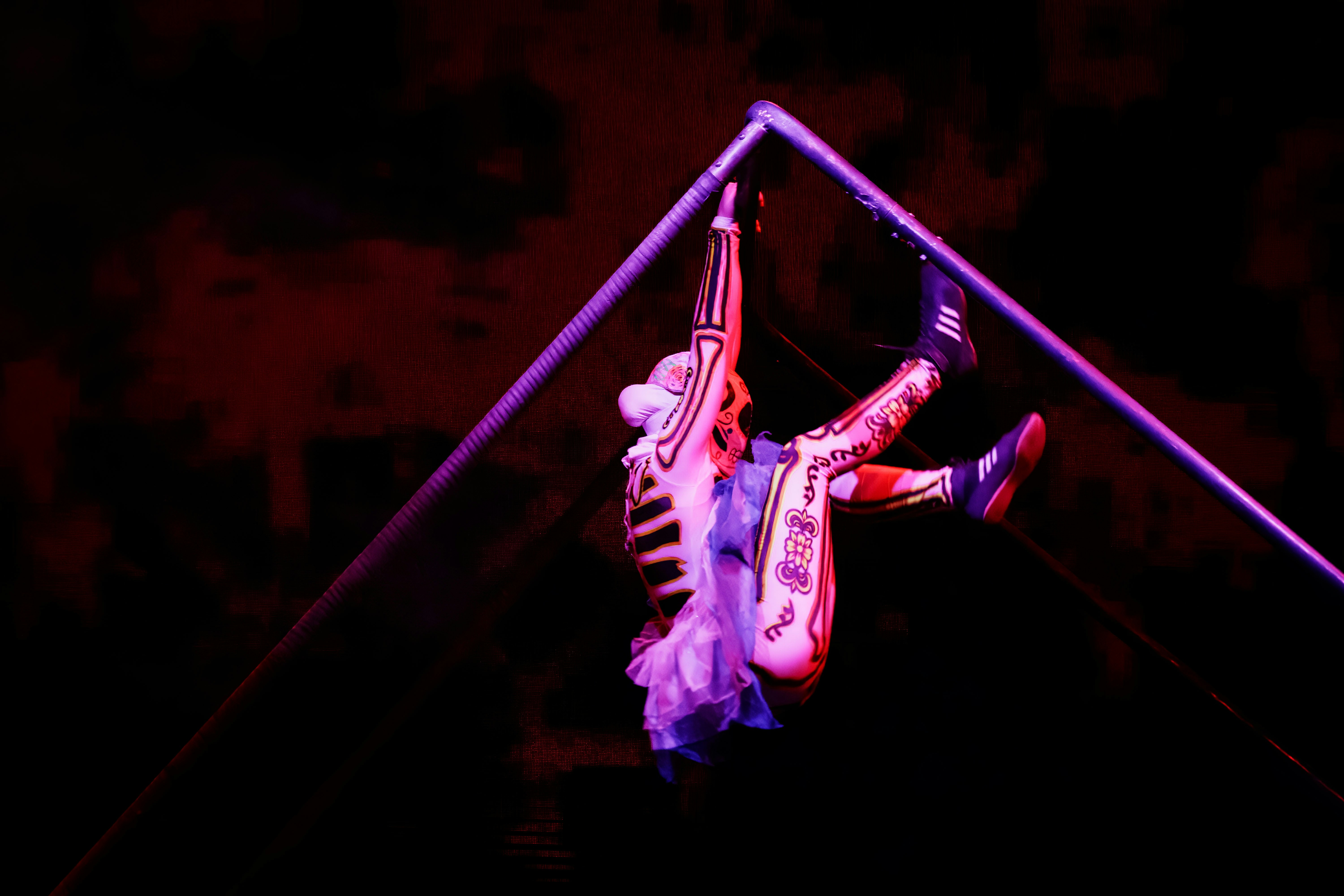 Performer in skeleton costume on aerial apparatus