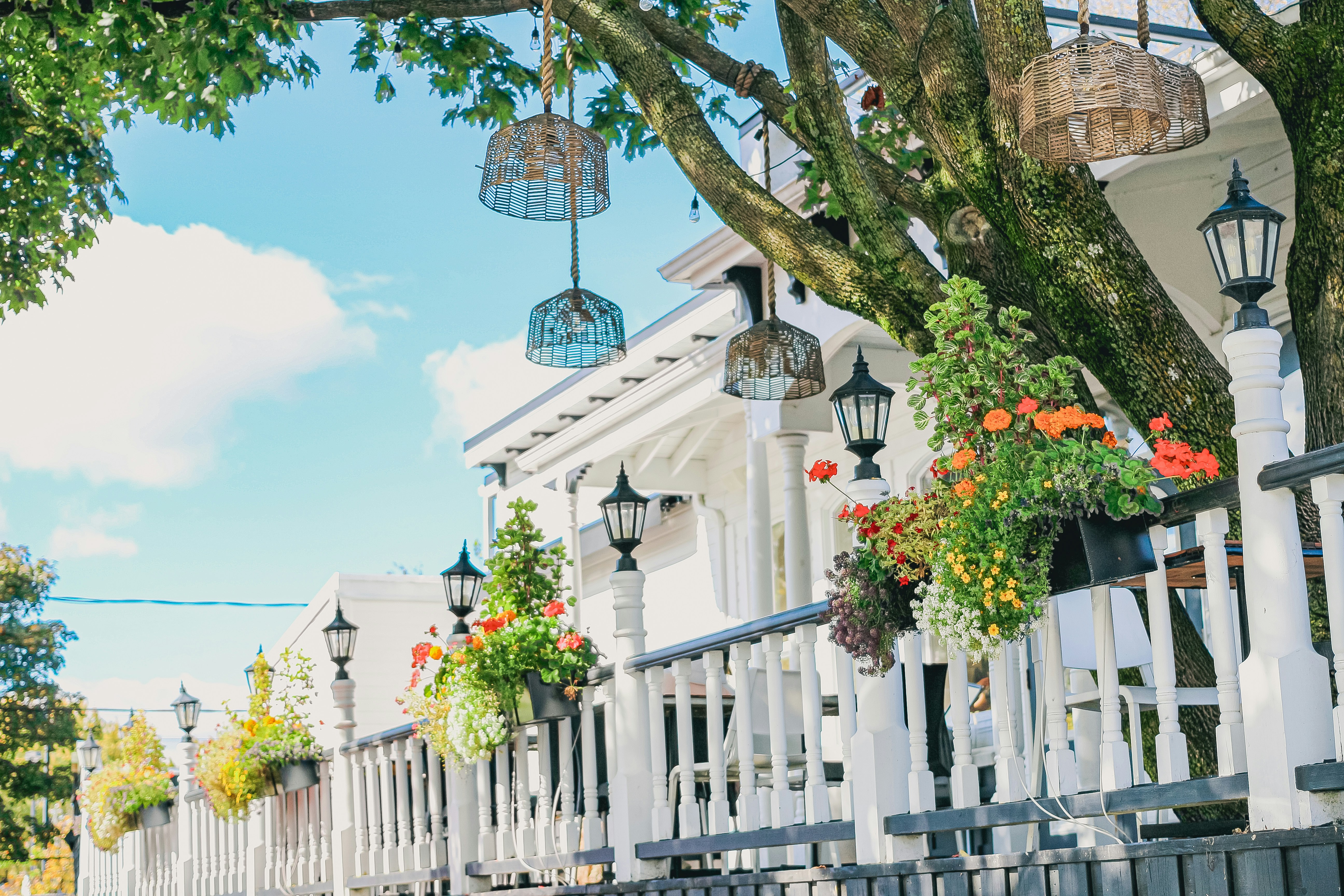 White building with lanterns
