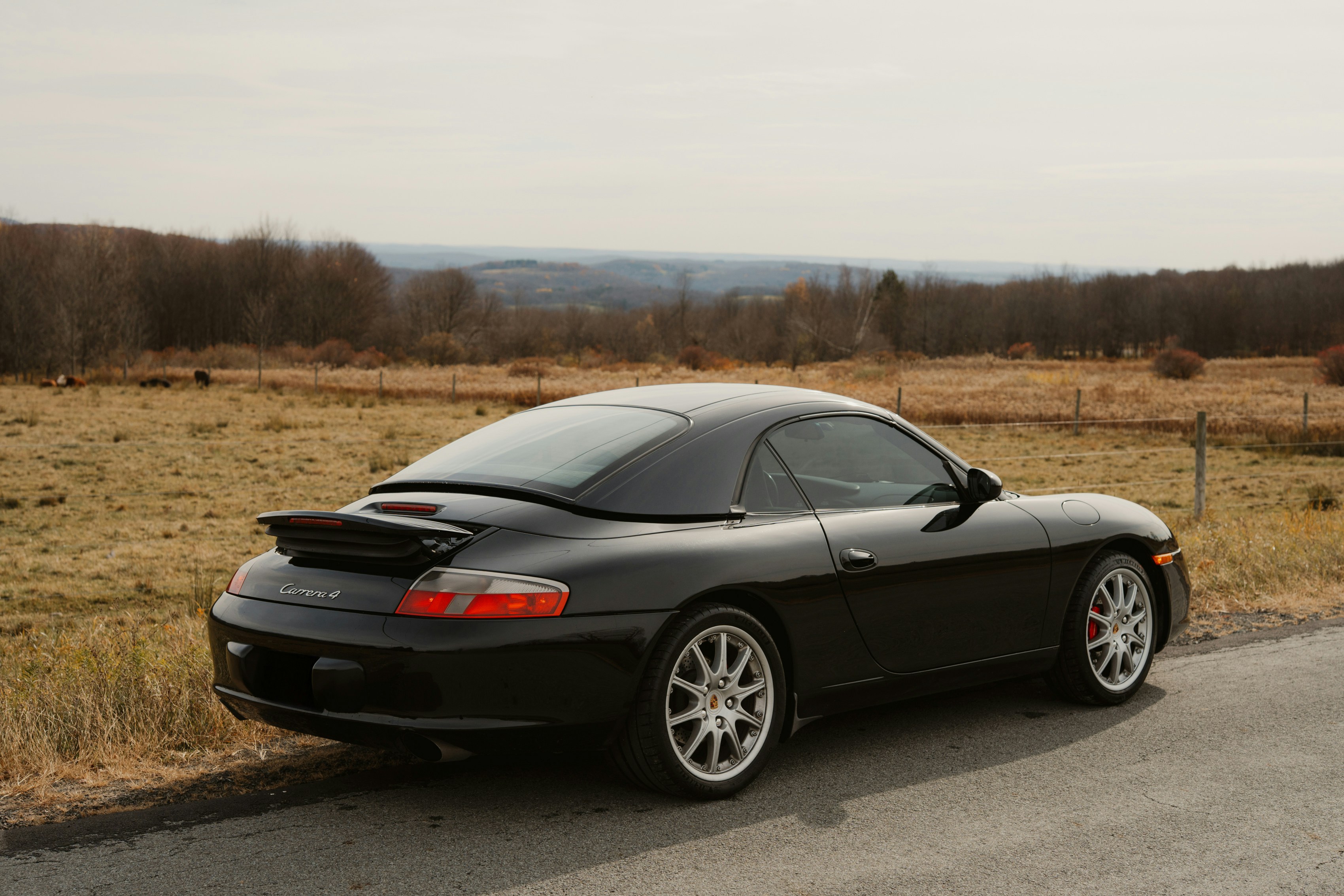 Black porsche 911 targa parked on a rural road.