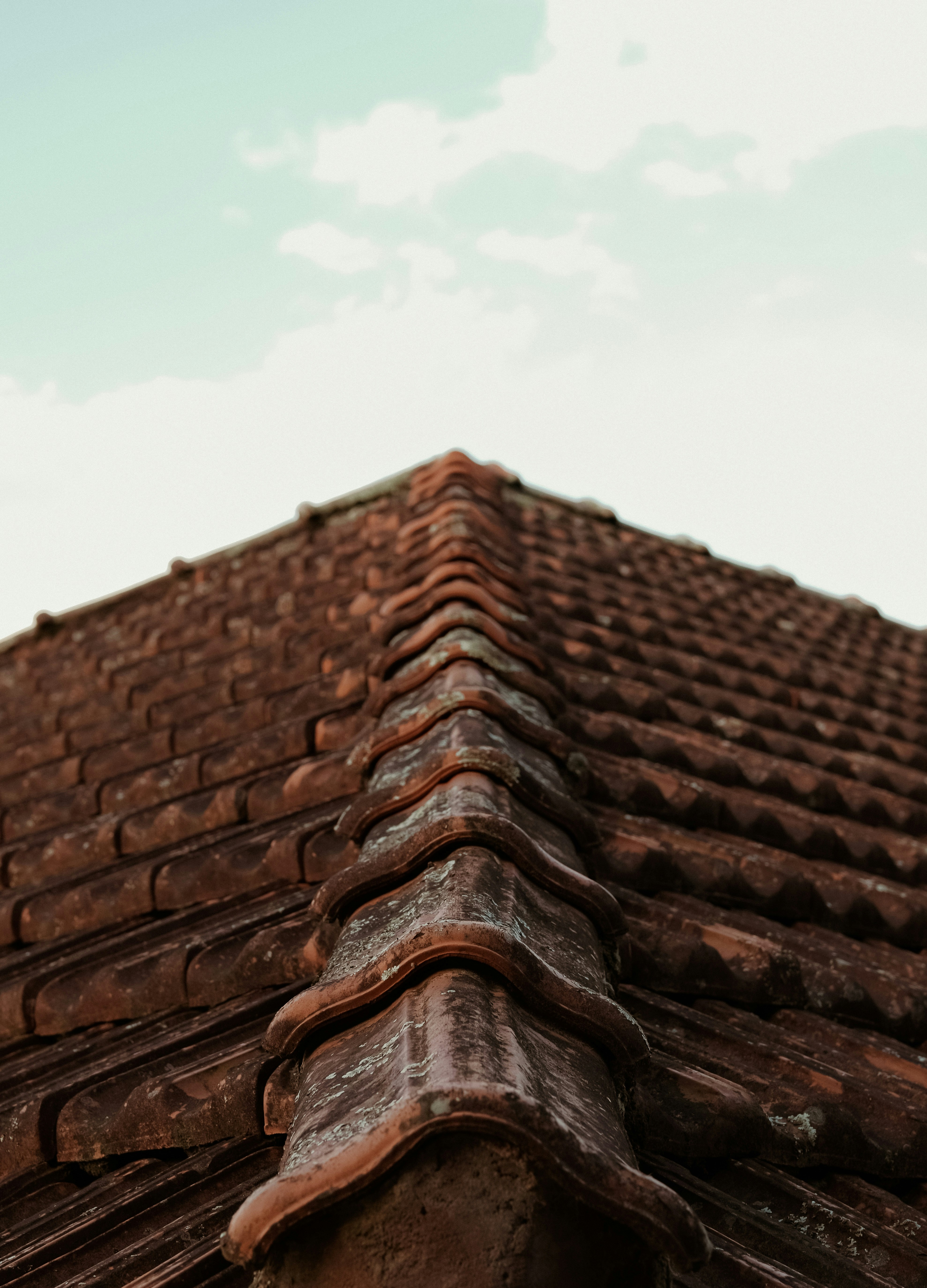 Close-up of a weathered terracotta roof ridge