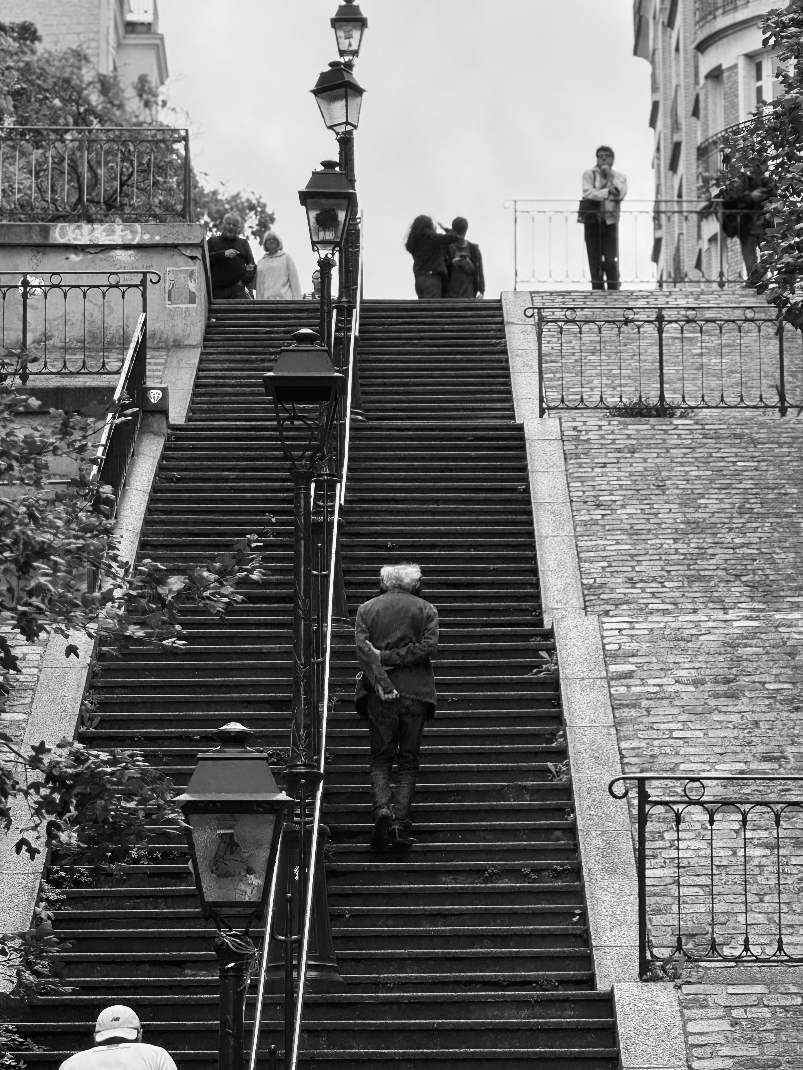 Man walks up grand staircase with people above