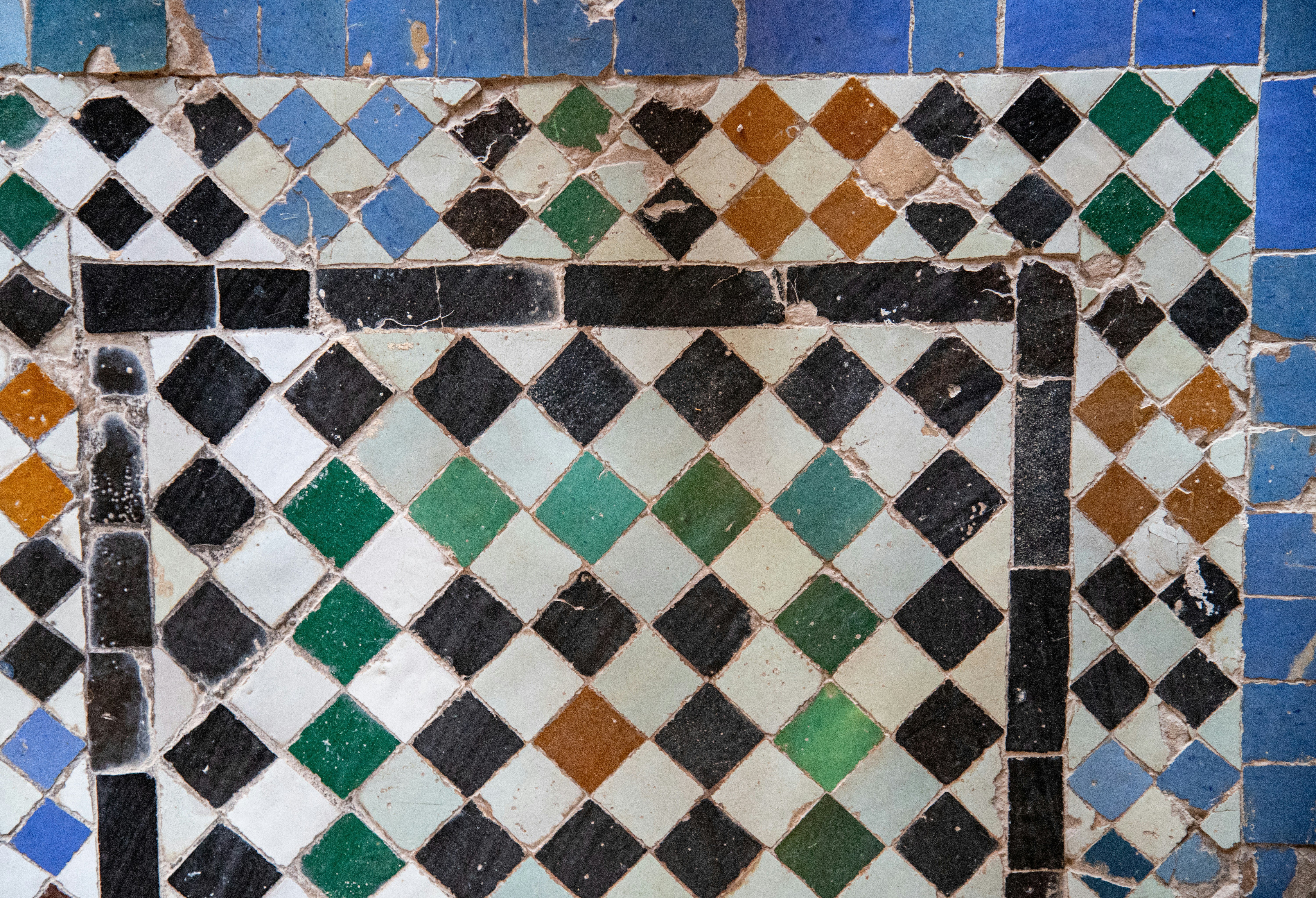 Close up of a mosaic tile pattern with diamonds.