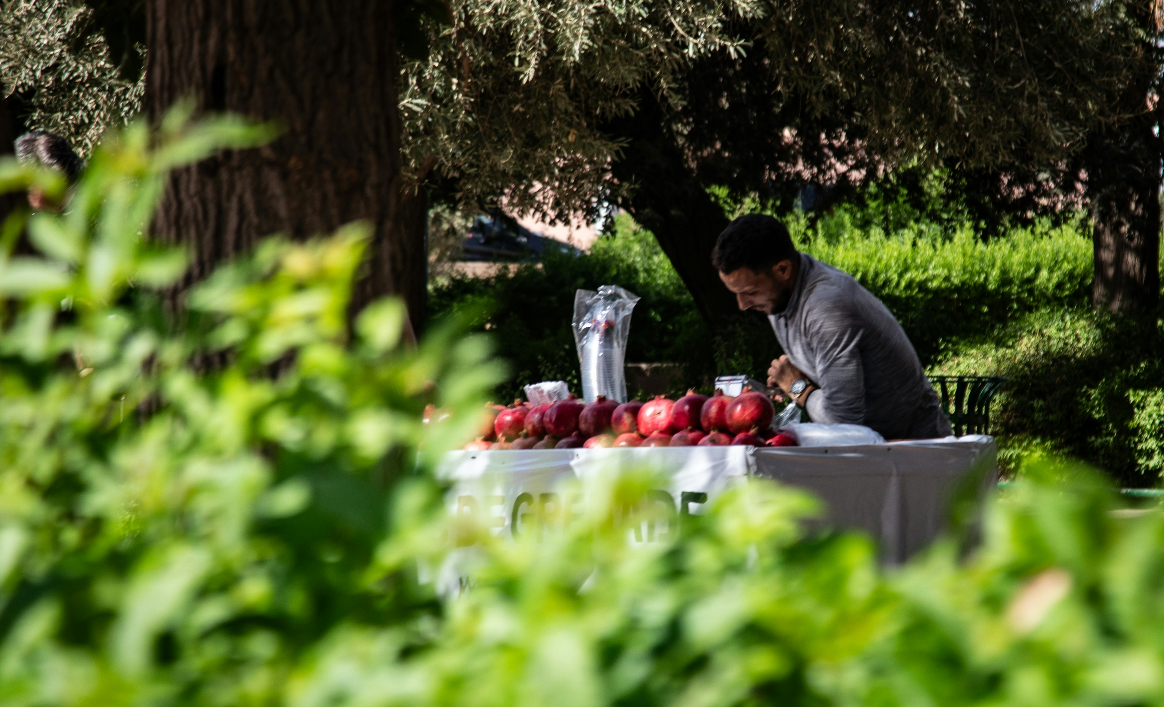 Man arranging fruit at an outdoor table.