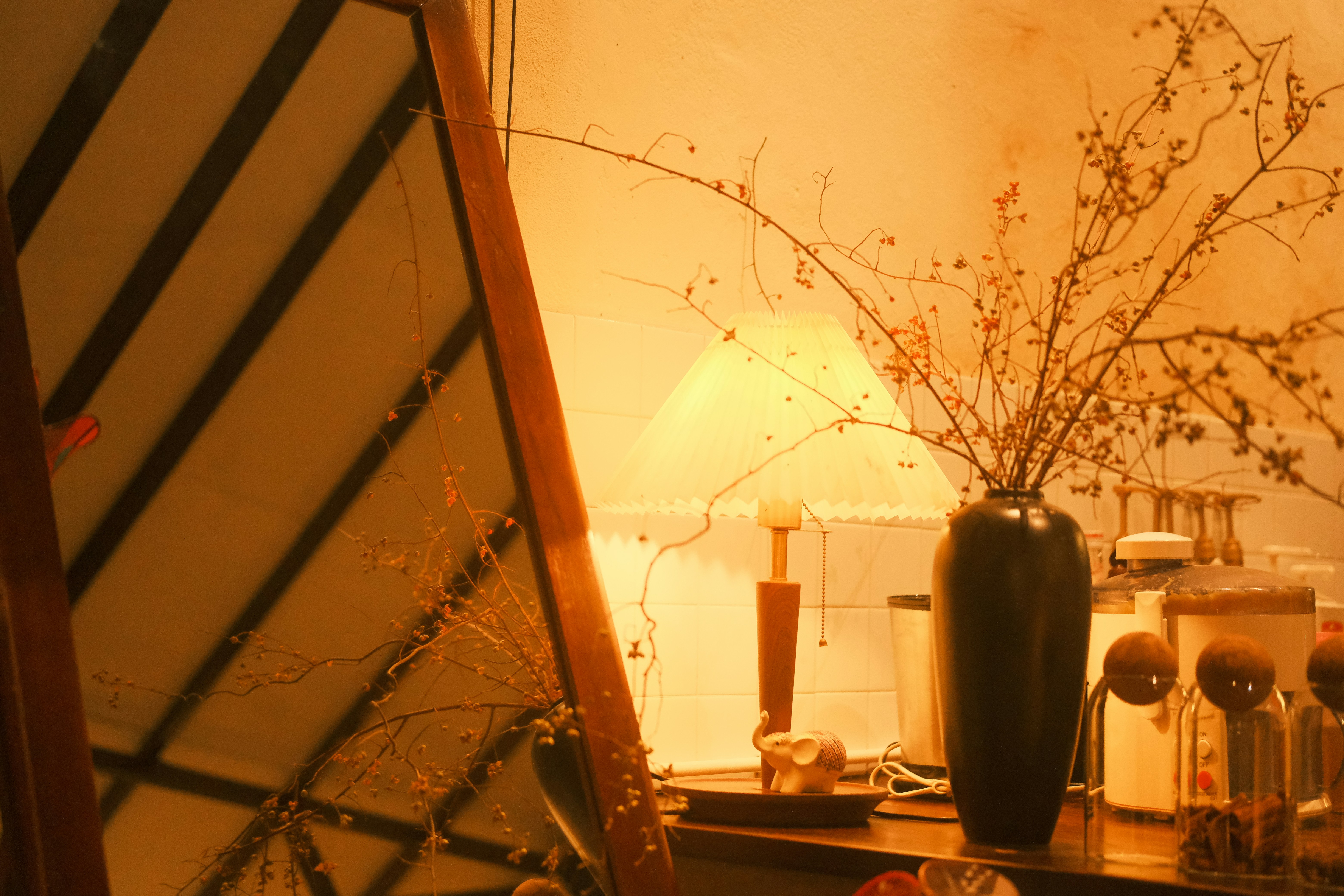 Dried branches in vase reflected in mirror.