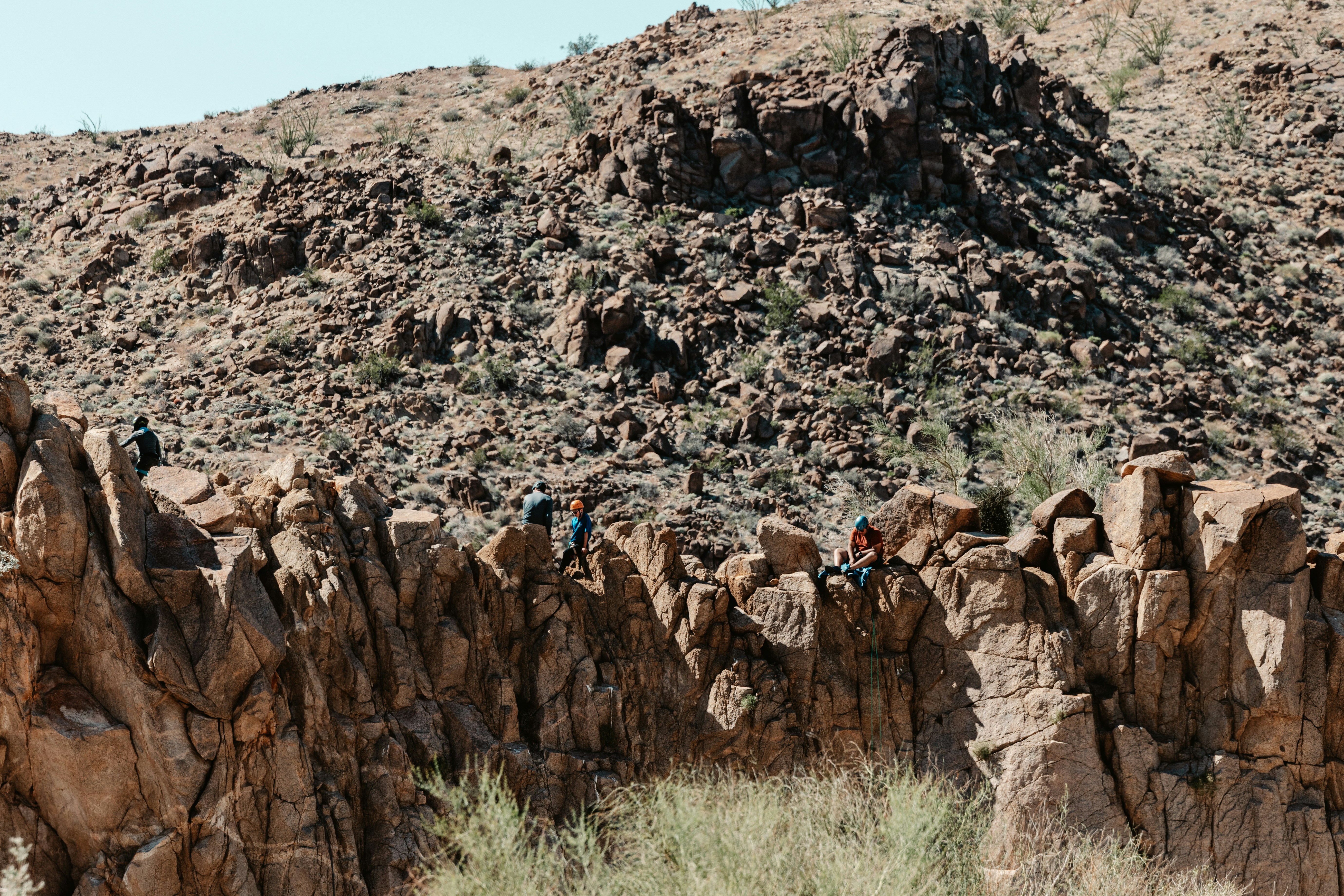 Birds perched on rocky desert formations