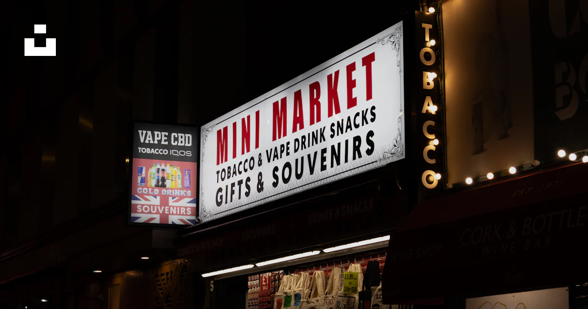Mini Store Sign Mini market sign at night with lit bulbs photo – Free Travel Image on ...