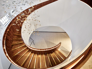 Modern spiral staircase with wooden steps and lighting.