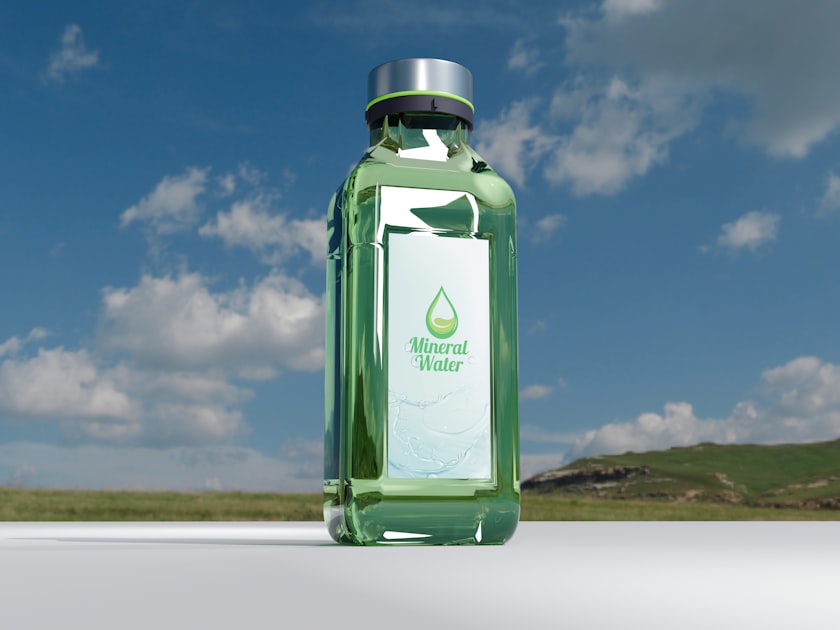 A bottle of mineral water against a cloudy sky.