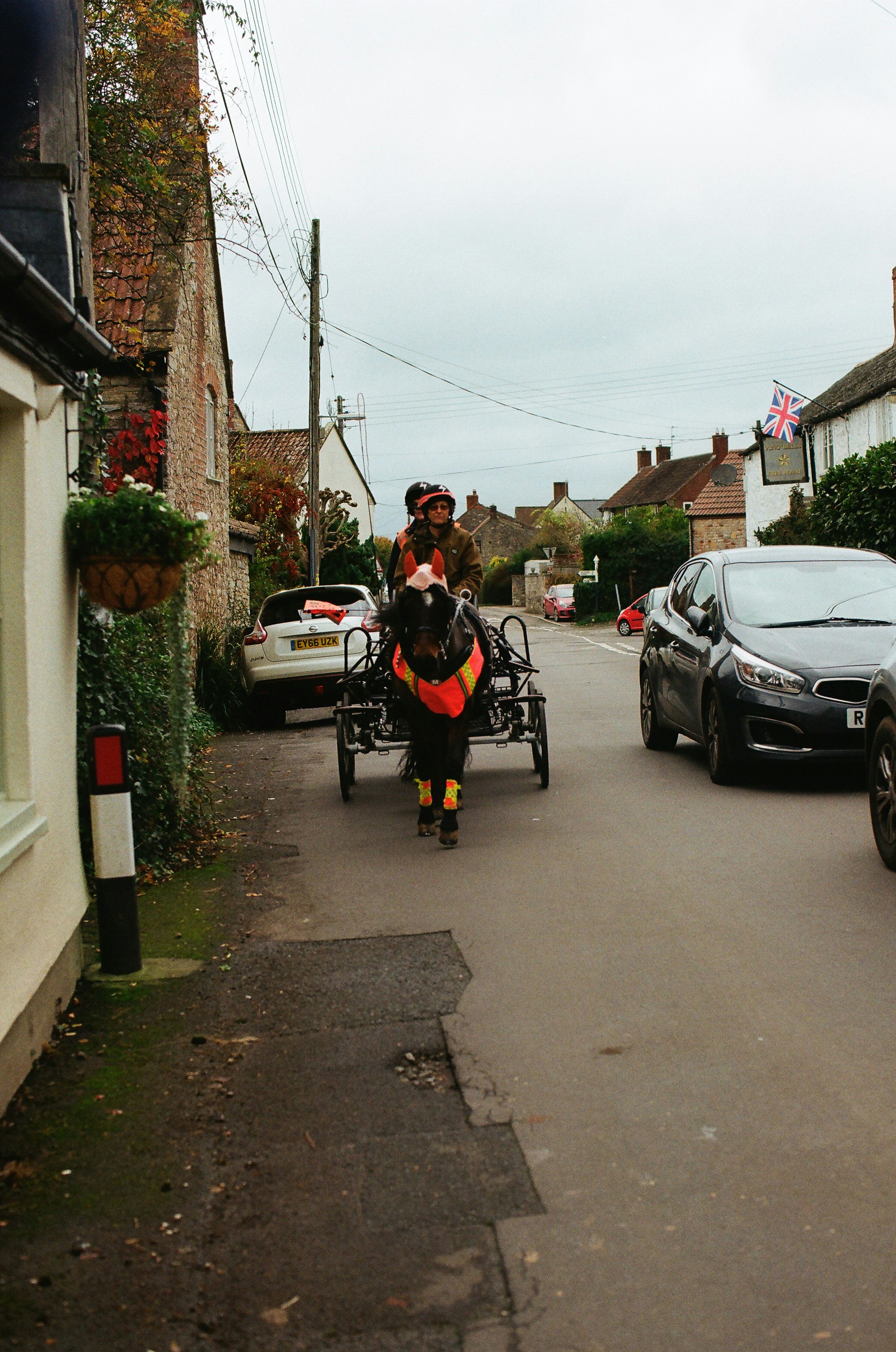 Horse-drawn carriage on a village street
