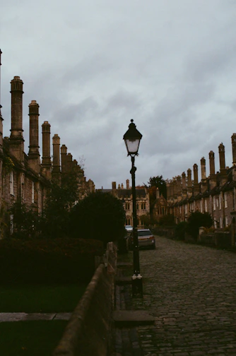 Cobblestone street with old buildings and lamppost.