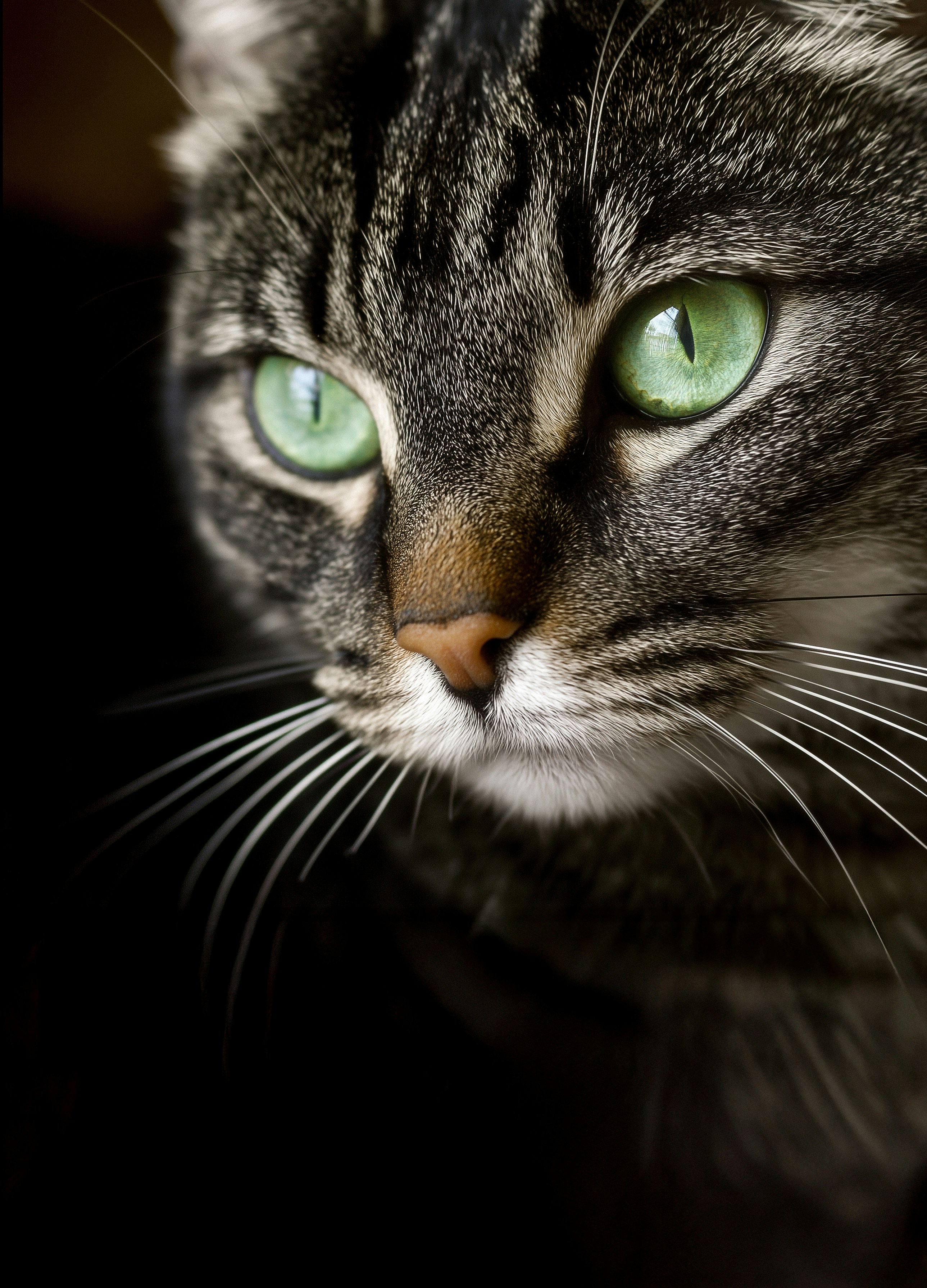 Close up of a tabby cat with green eyes