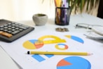 Desk with calculator, charts, and pencil