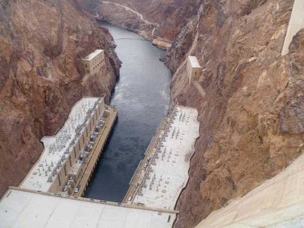 Top down aerial view of the Hoover Dam holding back the Colorado River, the source of most Las Vegas water