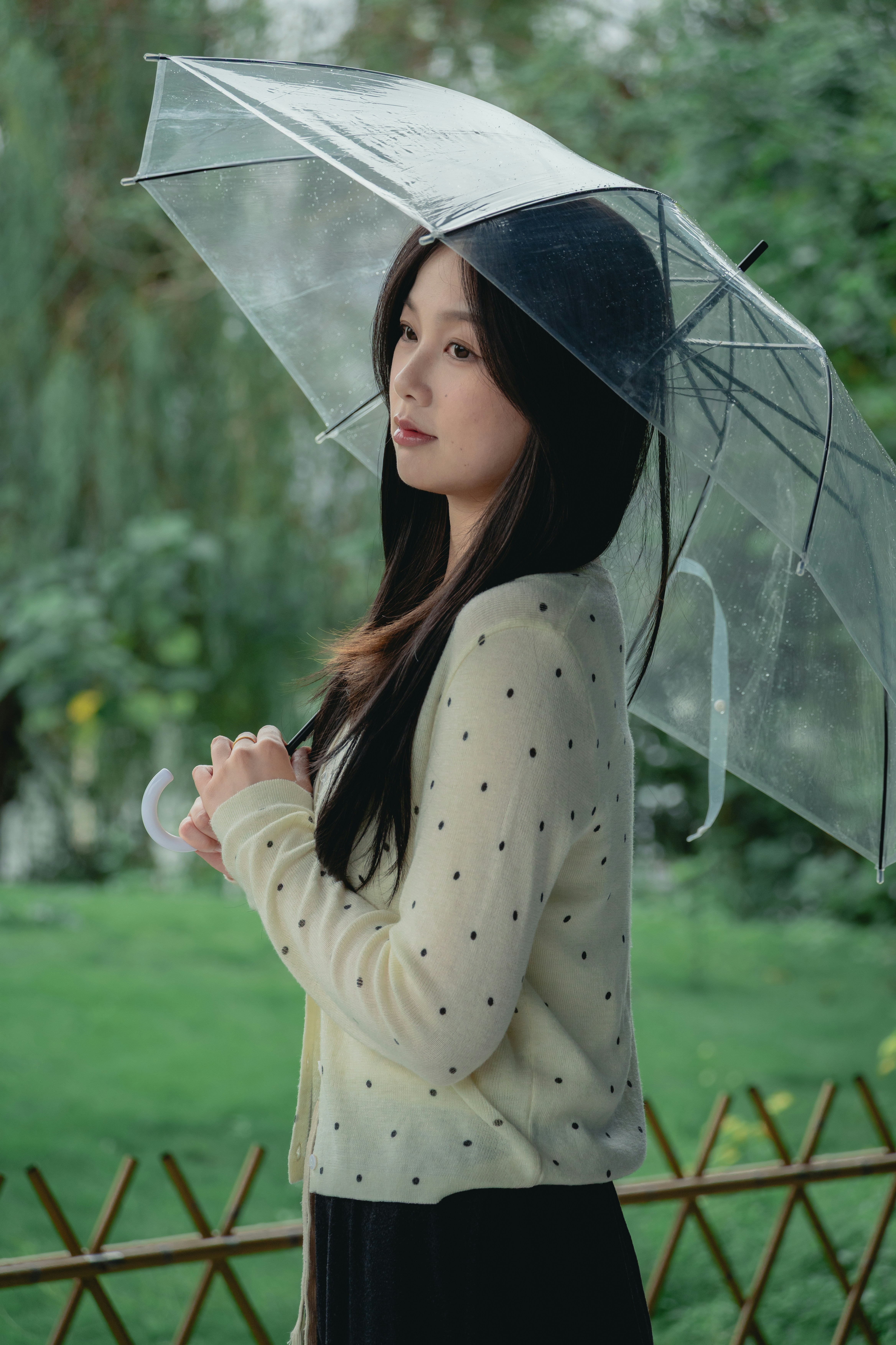 A woman holding a clear umbrella in the rain
