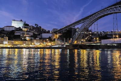 City skyline with a large bridge at dusk