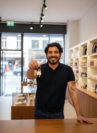 Man holding keys in a retail store