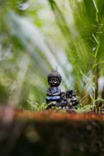 Small buddha statue sits in lush green foliage.