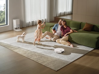 Family and dog relaxing on living room floor