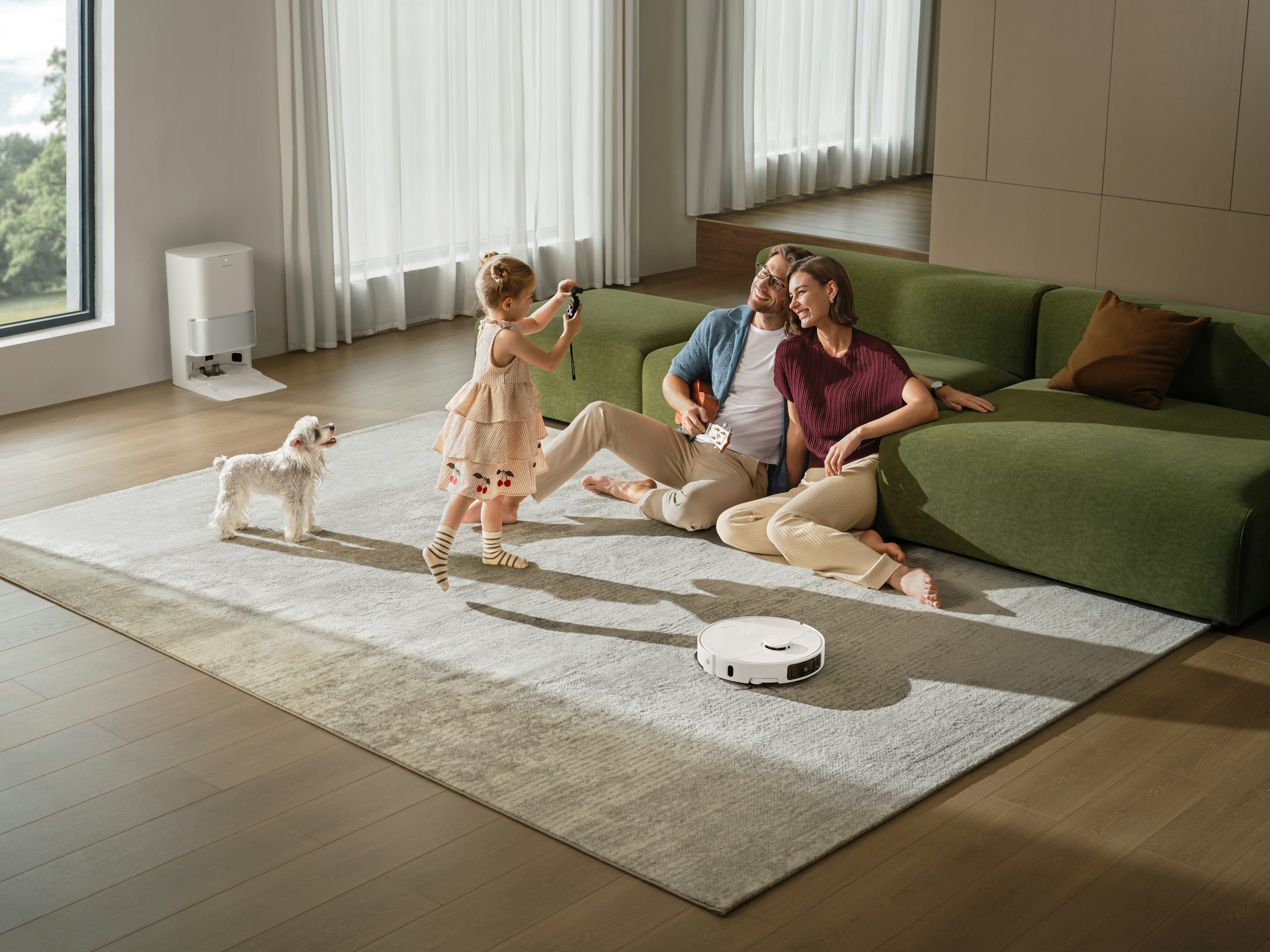 Family and dog relaxing on living room floor