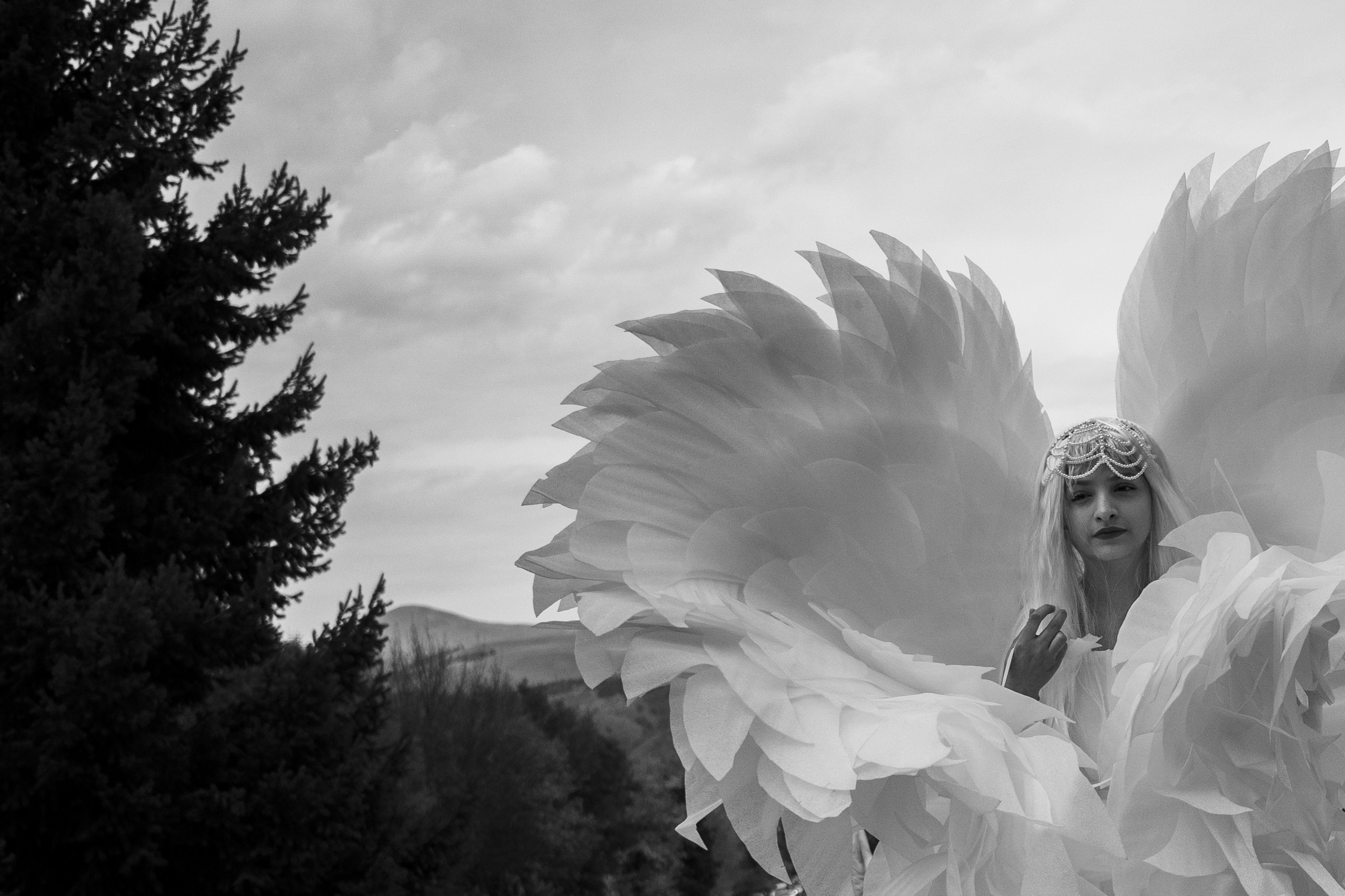 Woman in elaborate white wings and headdress.