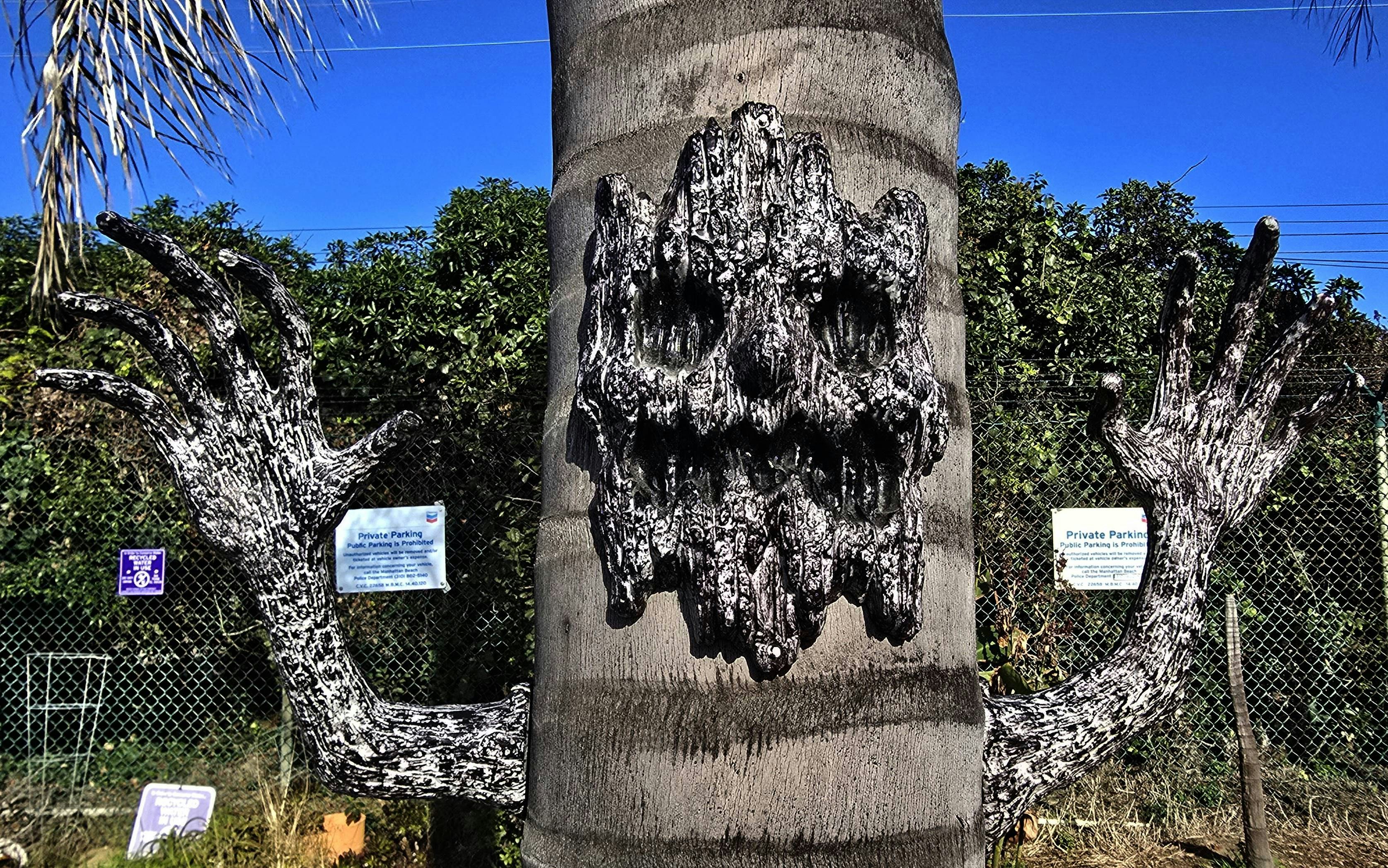 Tree trunk with a carved face and outstretched arms.