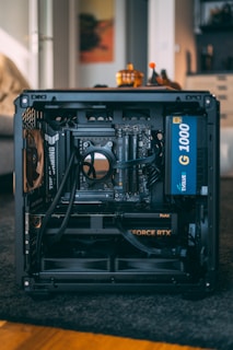 Open computer case with internal components visible