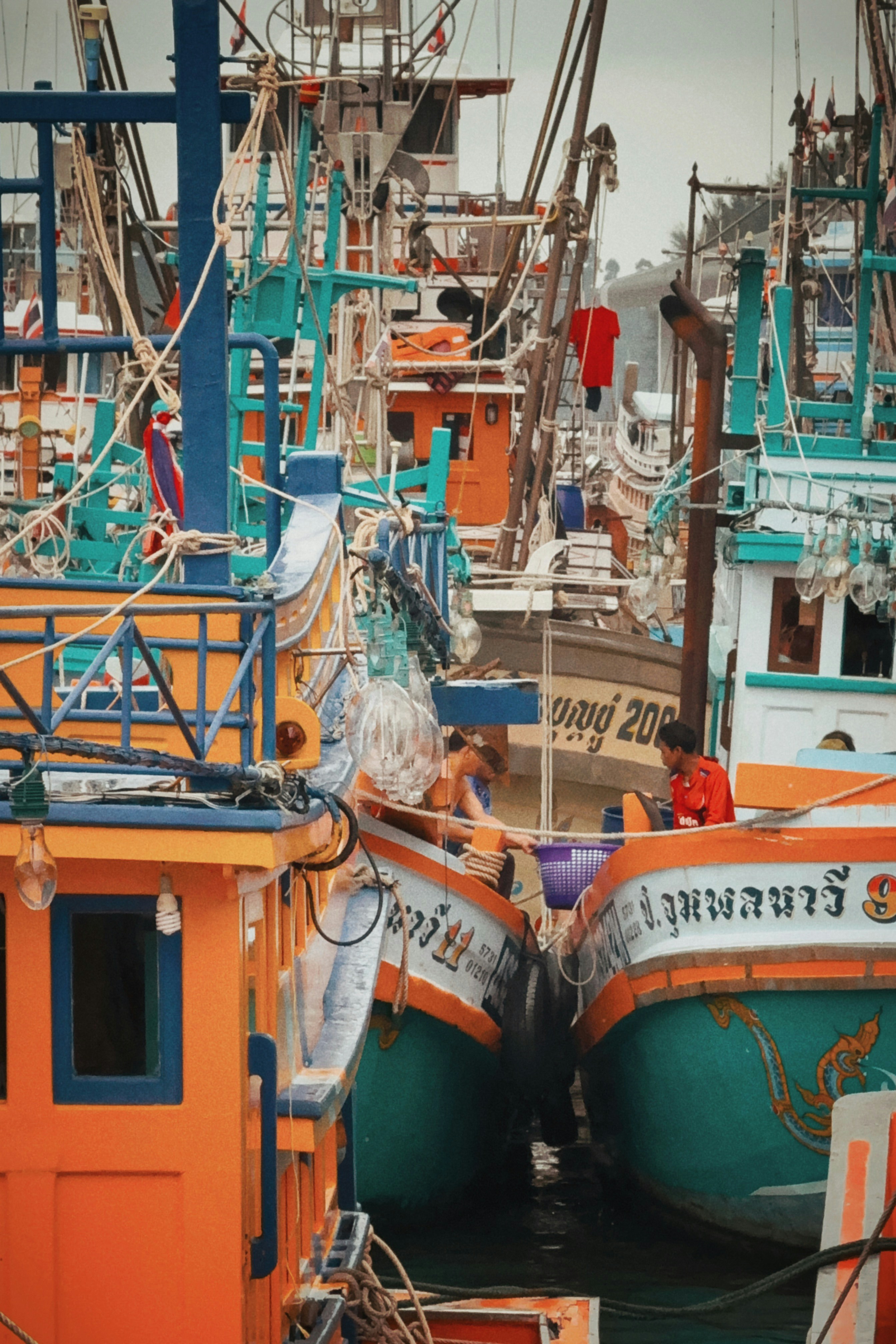 Colorful fishing boats docked in a harbor